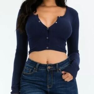 Snap Button Crop Ribbed Long Sleeve Cardigan  Top